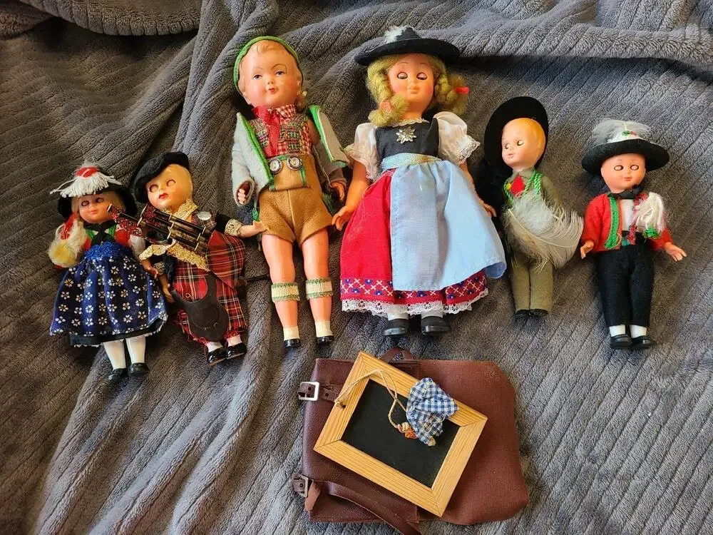 Lot of Vintage MCM 1950s German Bavarian UK Celluloid Folk Dolls w/Sleepy Eyes